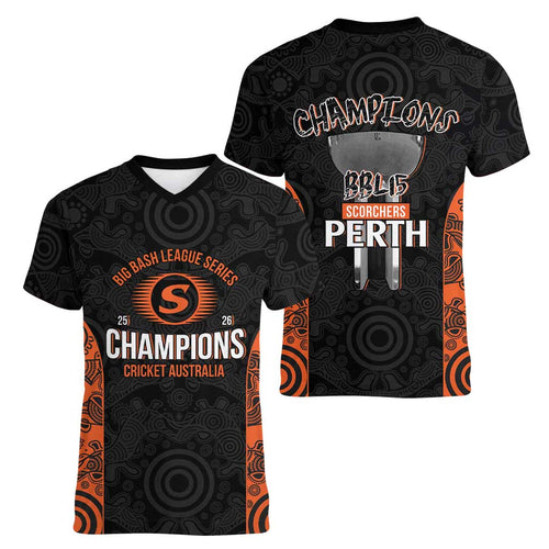 Cricket Australia Perth Champions 2026 Women V-Neck T-Shirt Black Aboriginal Dot Art