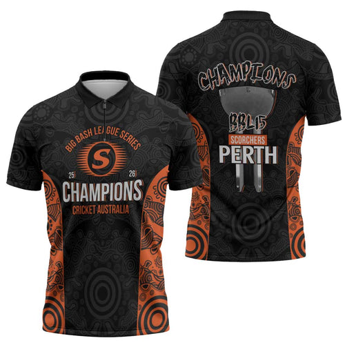 Cricket Australia Perth Champions 2026 Zipper Polo Shirt Black Aboriginal Dot Art