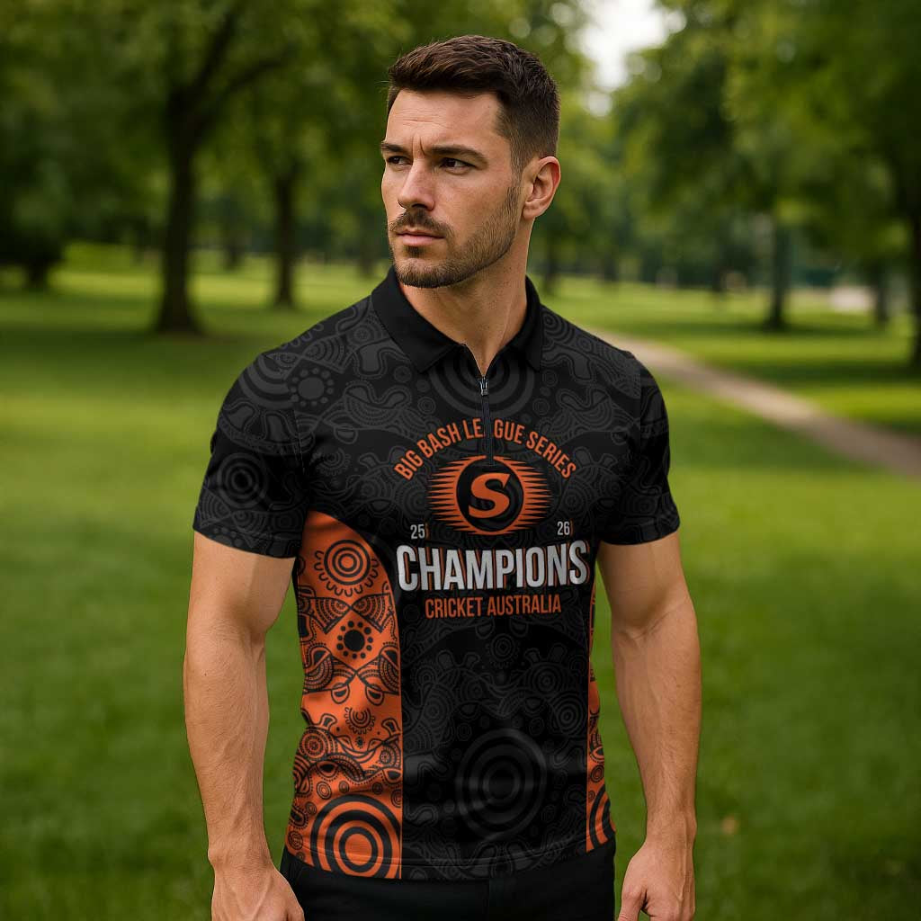 Cricket Australia Perth Champions 2026 Zipper Polo Shirt Black Aboriginal Dot Art