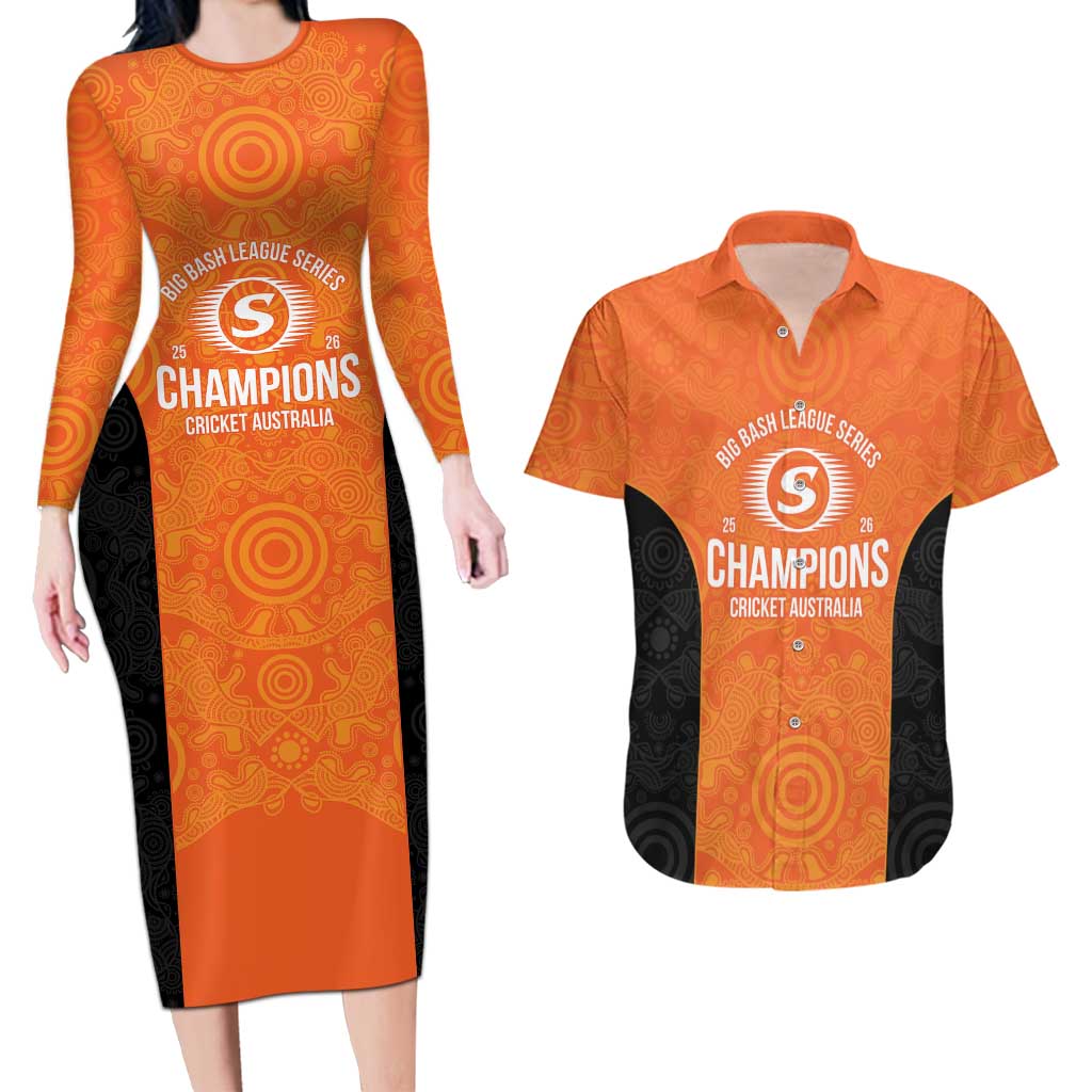 Cricket Australia Perth Champions 2026 Couples Matching Long Sleeve Bodycon Dress and Hawaiian Shirt Gold Aboriginal Dot Art