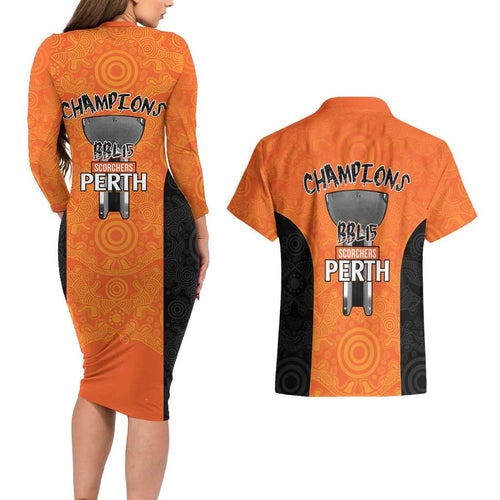 Cricket Australia Perth Champions 2026 Couples Matching Long Sleeve Bodycon Dress and Hawaiian Shirt Gold Aboriginal Dot Art