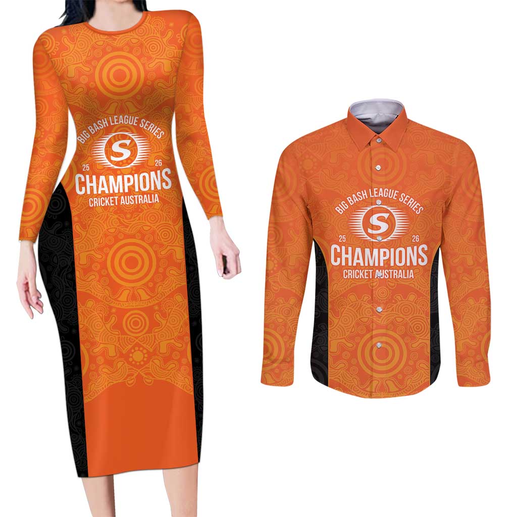 Cricket Australia Perth Champions 2026 Couples Matching Long Sleeve Bodycon Dress and Long Sleeve Button Shirt Gold Aboriginal Dot Art