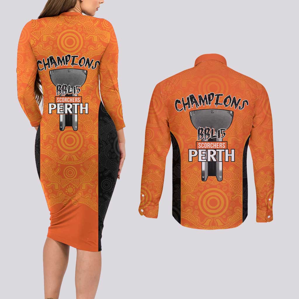 Cricket Australia Perth Champions 2026 Couples Matching Long Sleeve Bodycon Dress and Long Sleeve Button Shirt Gold Aboriginal Dot Art