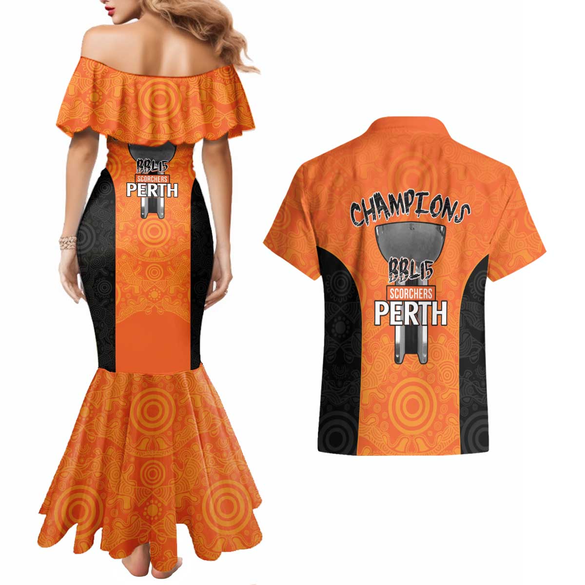 Cricket Australia Perth Champions 2026 Couples Matching Mermaid Dress and Hawaiian Shirt Gold Aboriginal Dot Art