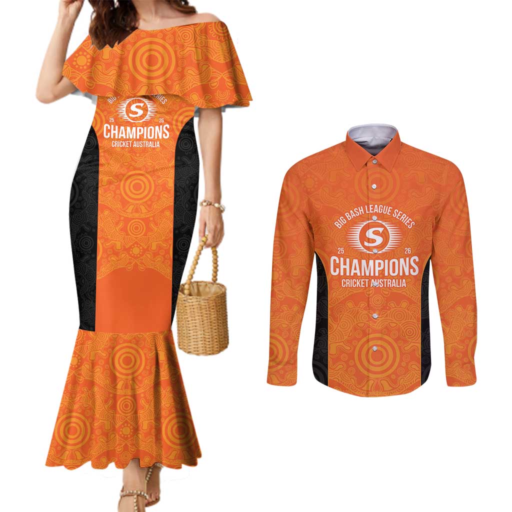 Cricket Australia Perth Champions 2026 Couples Matching Mermaid Dress and Long Sleeve Button Shirt Gold Aboriginal Dot Art