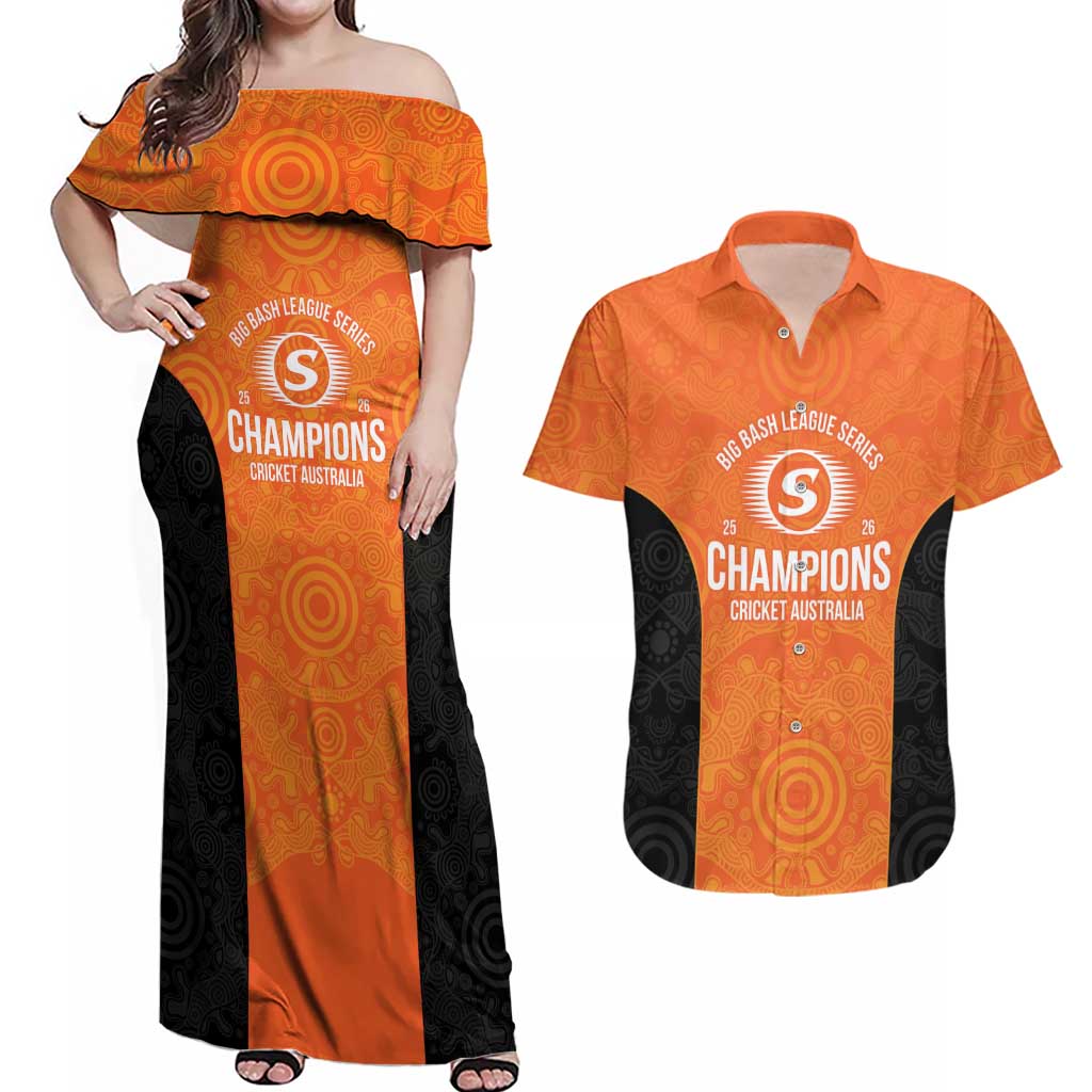 Cricket Australia Perth Champions 2026 Couples Matching Off Shoulder Maxi Dress and Hawaiian Shirt Gold Aboriginal Dot Art