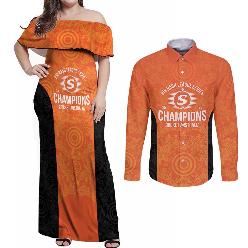 Cricket Australia Perth Champions 2026 Couples Matching Off Shoulder Maxi Dress and Long Sleeve Button Shirt Gold Aboriginal Dot Art