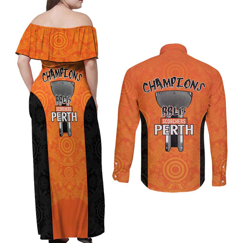 Cricket Australia Perth Champions 2026 Couples Matching Off Shoulder Maxi Dress and Long Sleeve Button Shirt Gold Aboriginal Dot Art