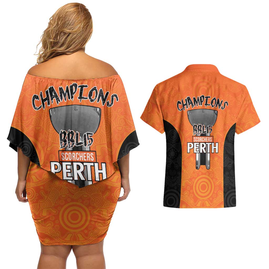 Cricket Australia Perth Champions 2026 Couples Matching Off Shoulder Short Dress and Hawaiian Shirt Gold Aboriginal Dot Art