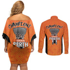 Cricket Australia Perth Champions 2026 Couples Matching Off Shoulder Short Dress and Long Sleeve Button Shirt Gold Aboriginal Dot Art