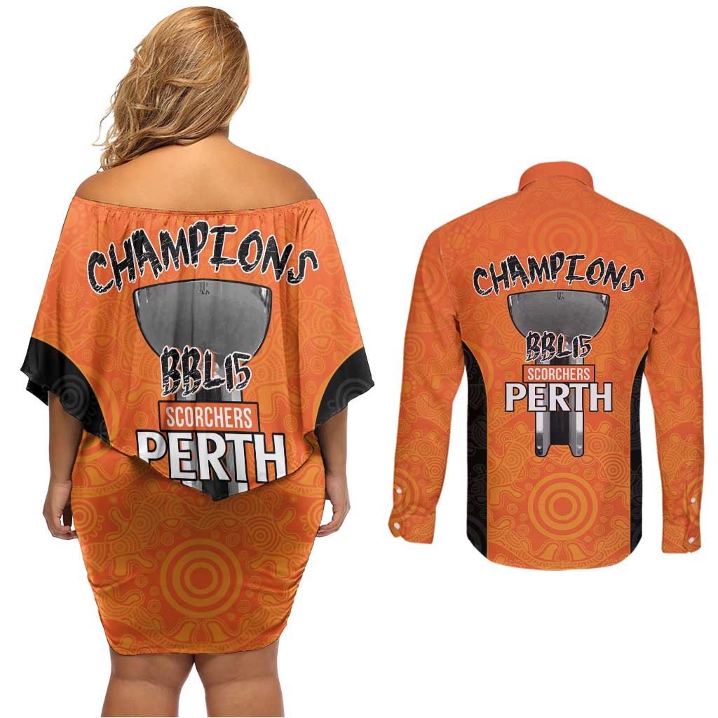 Cricket Australia Perth Champions 2026 Couples Matching Off Shoulder Short Dress and Long Sleeve Button Shirt Gold Aboriginal Dot Art