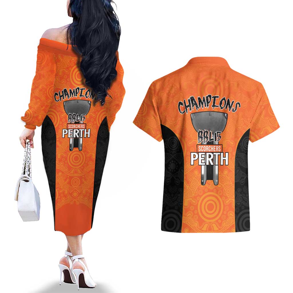 Cricket Australia Perth Champions 2026 Couples Matching Off The Shoulder Long Sleeve Dress and Hawaiian Shirt Gold Aboriginal Dot Art