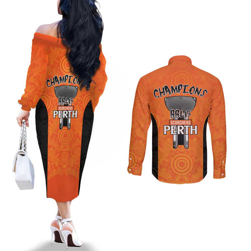 Cricket Australia Perth Champions 2026 Couples Matching Off The Shoulder Long Sleeve Dress and Long Sleeve Button Shirt Gold Aboriginal Dot Art