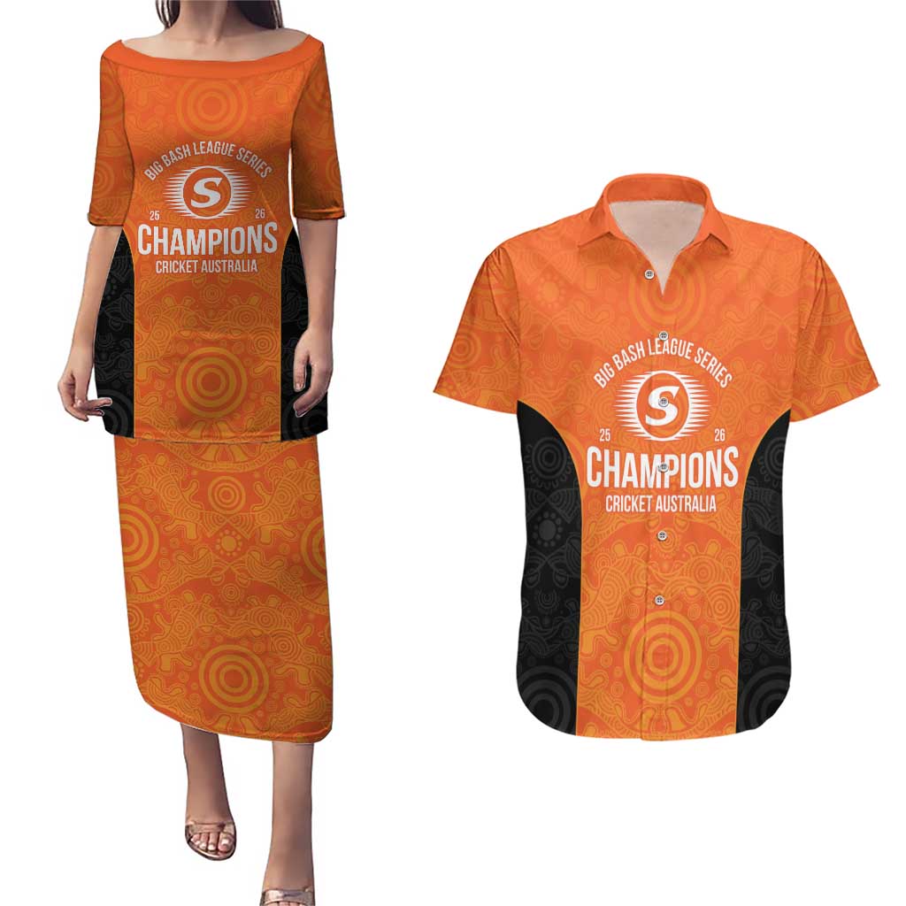 Cricket Australia Perth Champions 2026 Couples Matching Puletasi and Hawaiian Shirt Gold Aboriginal Dot Art
