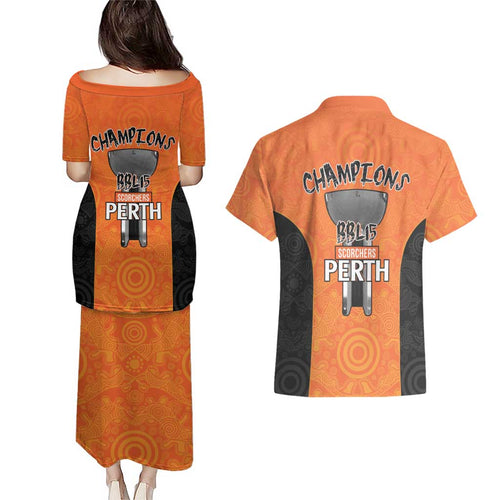 Cricket Australia Perth Champions 2026 Couples Matching Puletasi and Hawaiian Shirt Gold Aboriginal Dot Art