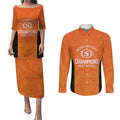 Cricket Australia Perth Champions 2026 Couples Matching Puletasi and Long Sleeve Button Shirt Gold Aboriginal Dot Art