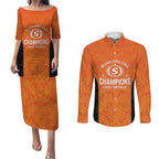 Cricket Australia Perth Champions 2026 Couples Matching Puletasi and Long Sleeve Button Shirt Gold Aboriginal Dot Art