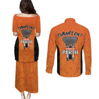 Cricket Australia Perth Champions 2026 Couples Matching Puletasi and Long Sleeve Button Shirt Gold Aboriginal Dot Art