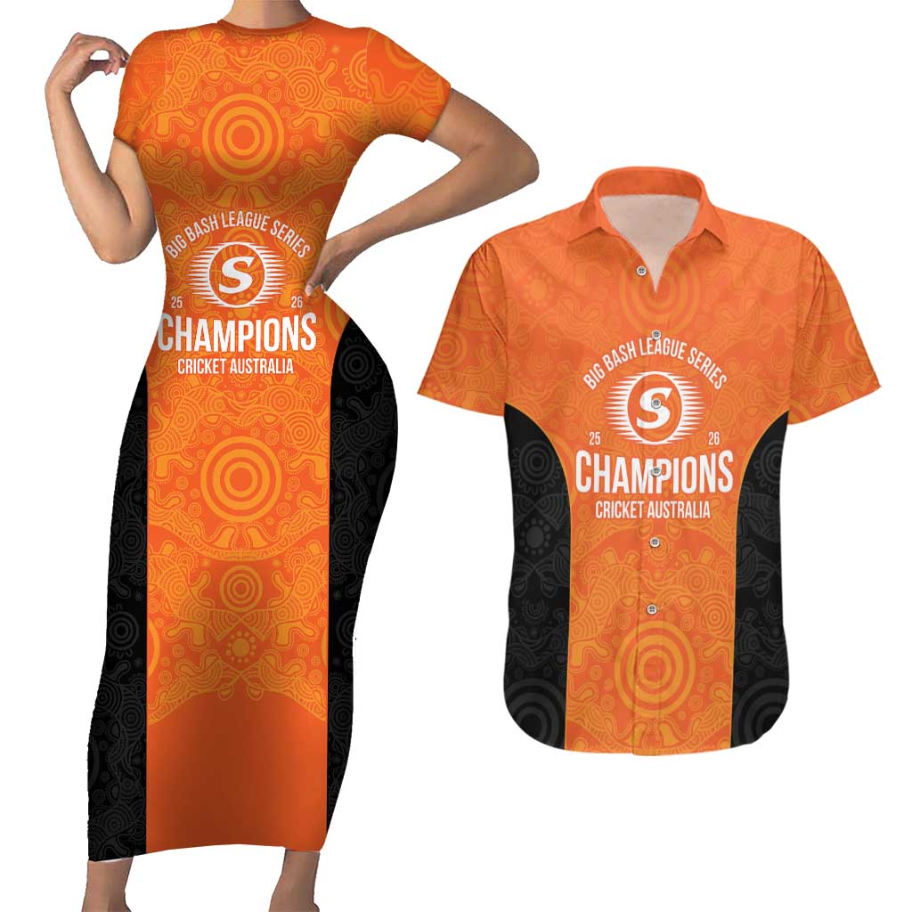 Cricket Australia Perth Champions 2026 Couples Matching Short Sleeve Bodycon Dress and Hawaiian Shirt Gold Aboriginal Dot Art