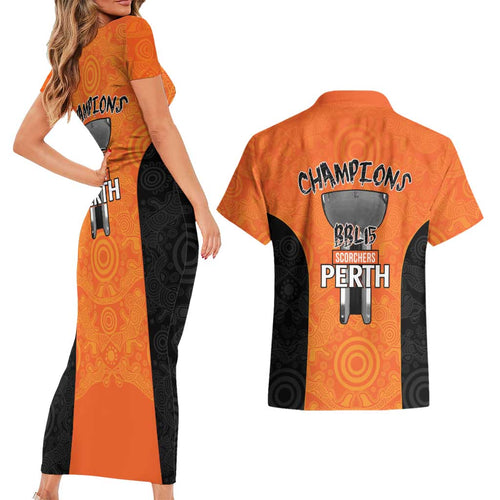 Cricket Australia Perth Champions 2026 Couples Matching Short Sleeve Bodycon Dress and Hawaiian Shirt Gold Aboriginal Dot Art