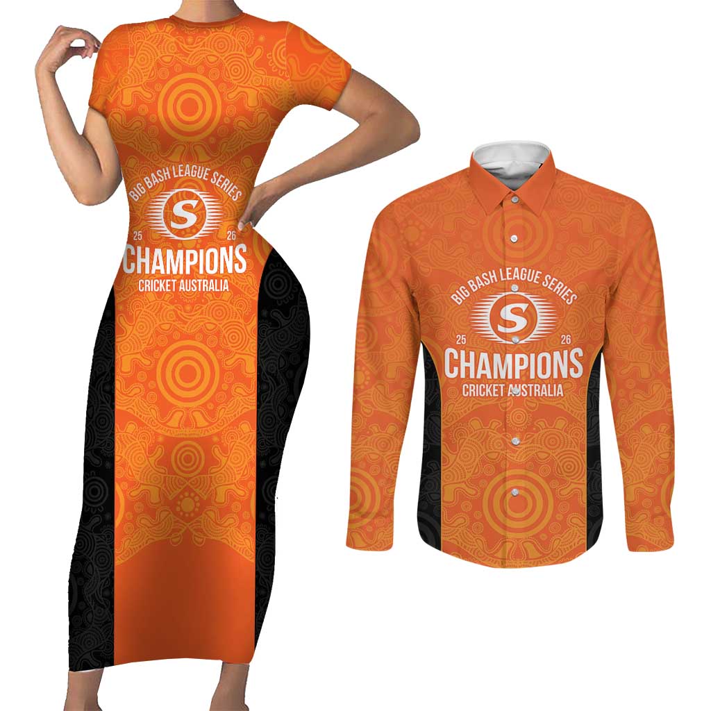 Cricket Australia Perth Champions 2026 Couples Matching Short Sleeve Bodycon Dress and Long Sleeve Button Shirt Gold Aboriginal Dot Art
