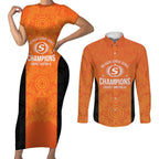 Cricket Australia Perth Champions 2026 Couples Matching Short Sleeve Bodycon Dress and Long Sleeve Button Shirt Gold Aboriginal Dot Art