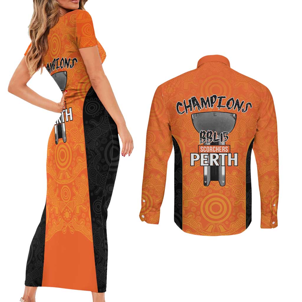 Cricket Australia Perth Champions 2026 Couples Matching Short Sleeve Bodycon Dress and Long Sleeve Button Shirt Gold Aboriginal Dot Art