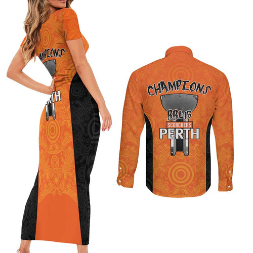 Cricket Australia Perth Champions 2026 Couples Matching Short Sleeve Bodycon Dress and Long Sleeve Button Shirt Gold Aboriginal Dot Art