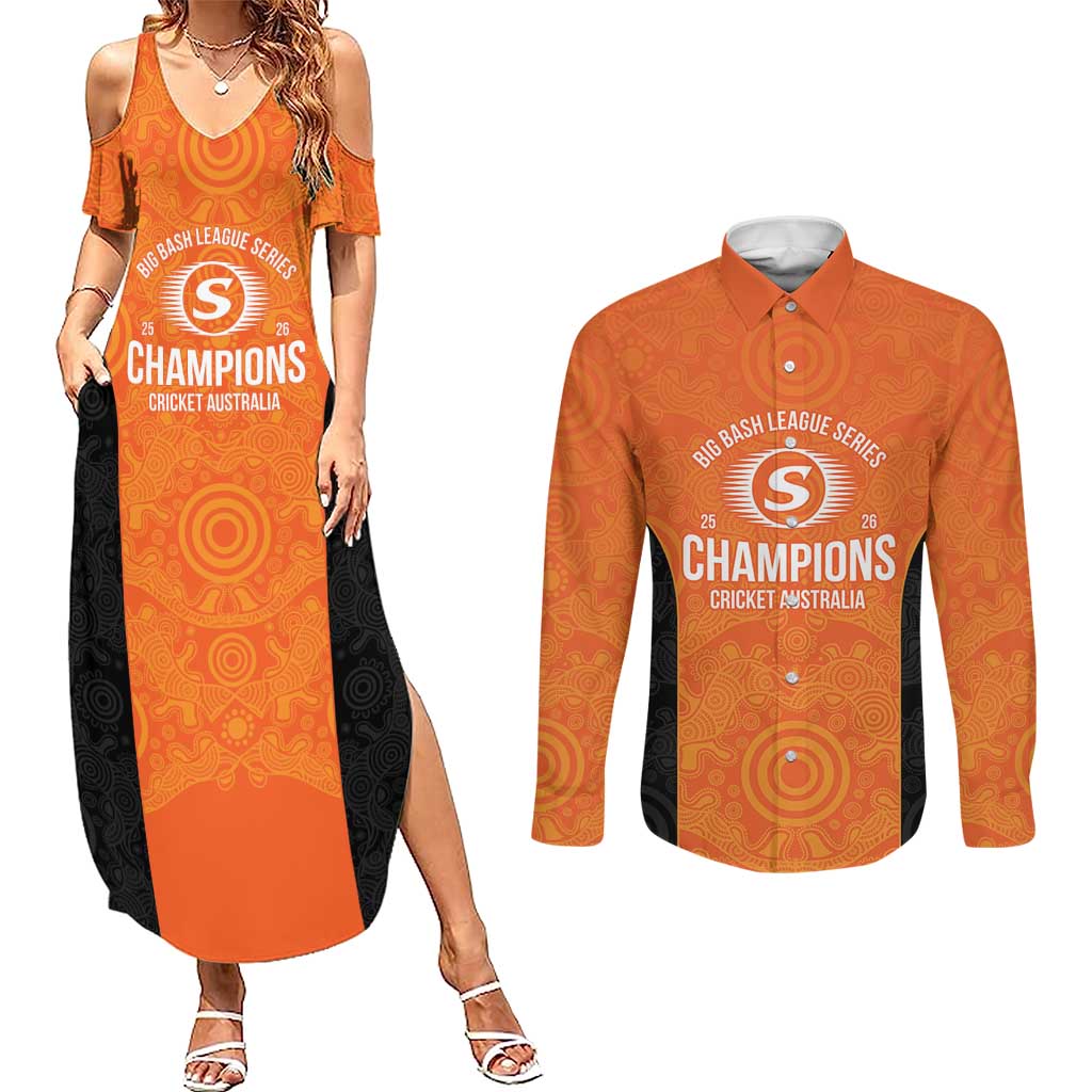 Cricket Australia Perth Champions 2026 Couples Matching Summer Maxi Dress and Long Sleeve Button Shirt Gold Aboriginal Dot Art