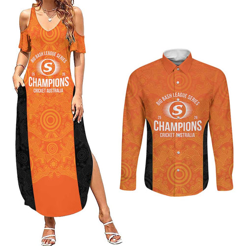 Cricket Australia Perth Champions 2026 Couples Matching Summer Maxi Dress and Long Sleeve Button Shirt Gold Aboriginal Dot Art