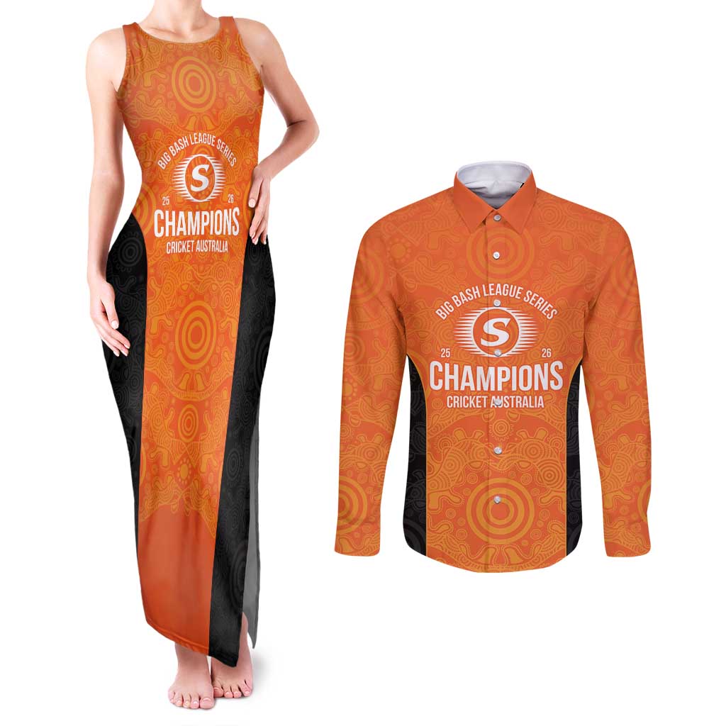 Cricket Australia Perth Champions 2026 Couples Matching Tank Maxi Dress and Long Sleeve Button Shirt Gold Aboriginal Dot Art