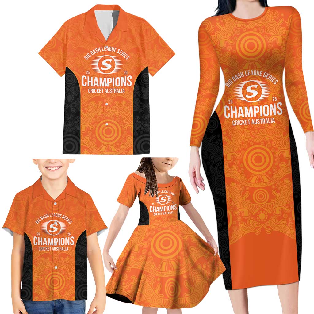 Cricket Australia Perth Champions 2026 Family Matching Long Sleeve Bodycon Dress and Hawaiian Shirt Gold Aboriginal Dot Art