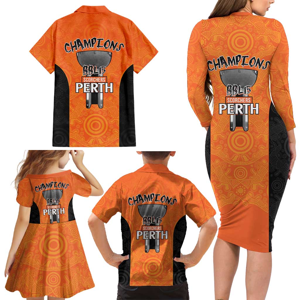 Cricket Australia Perth Champions 2026 Family Matching Long Sleeve Bodycon Dress and Hawaiian Shirt Gold Aboriginal Dot Art