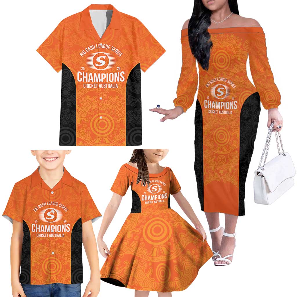 Cricket Australia Perth Champions 2026 Family Matching Off The Shoulder Long Sleeve Dress and Hawaiian Shirt Gold Aboriginal Dot Art