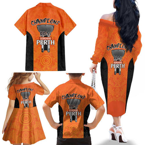 Cricket Australia Perth Champions 2026 Family Matching Off The Shoulder Long Sleeve Dress and Hawaiian Shirt Gold Aboriginal Dot Art