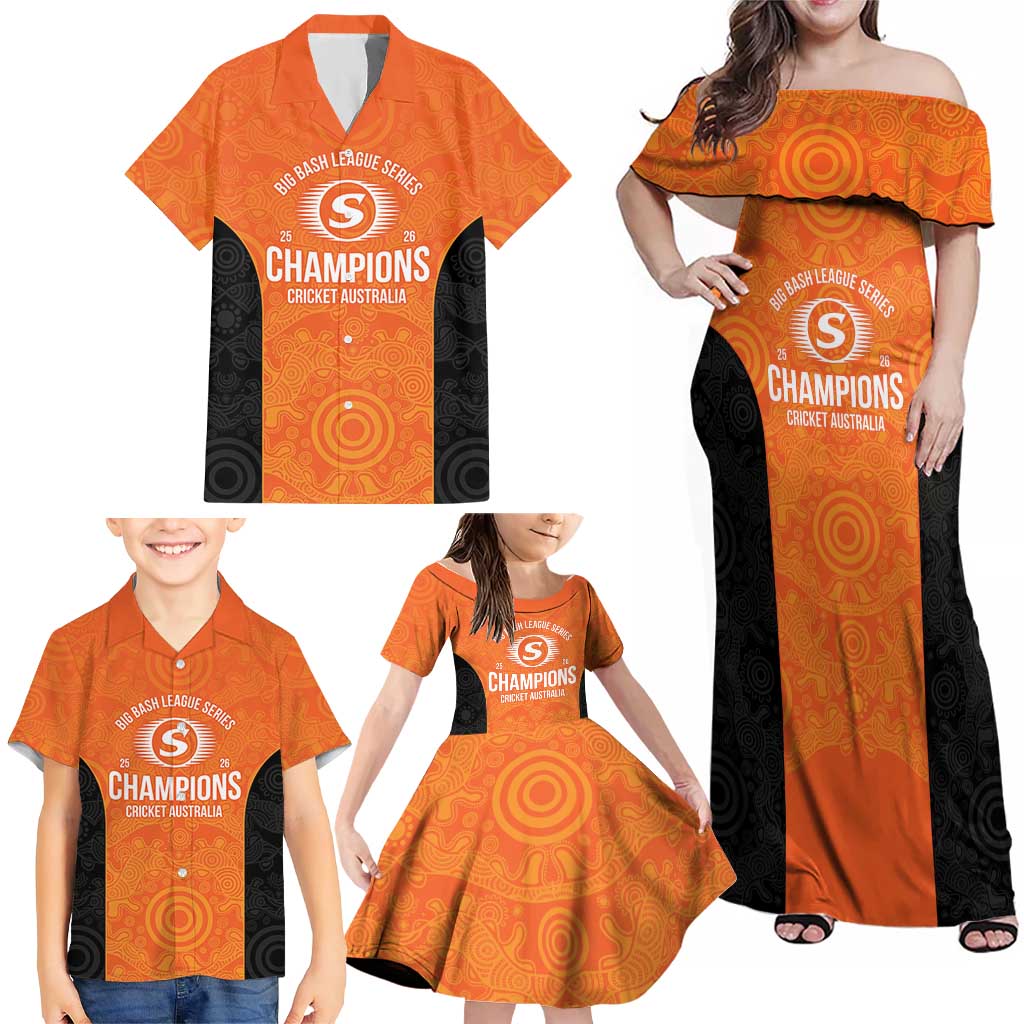 Cricket Australia Perth Champions 2026 Family Matching Off Shoulder Maxi Dress and Hawaiian Shirt Gold Aboriginal Dot Art