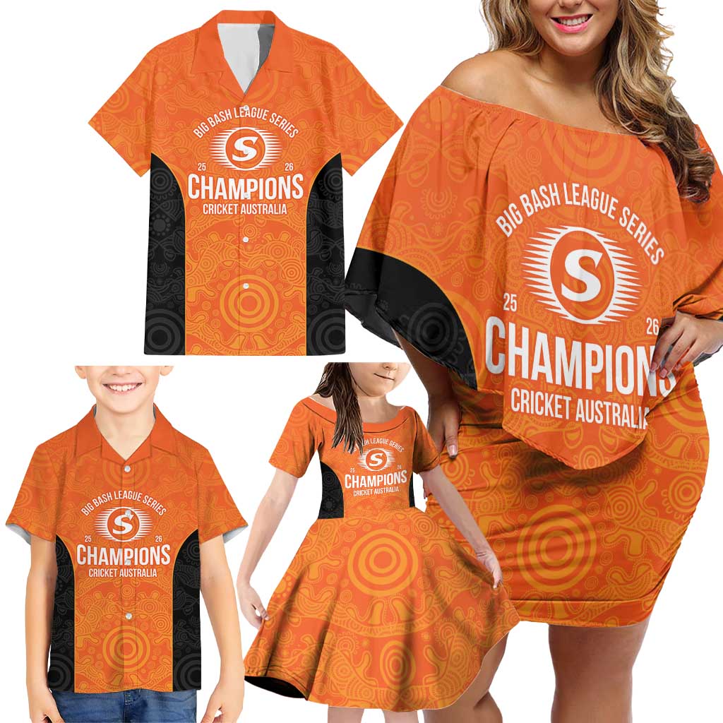 Cricket Australia Perth Champions 2026 Family Matching Off Shoulder Short Dress and Hawaiian Shirt Gold Aboriginal Dot Art