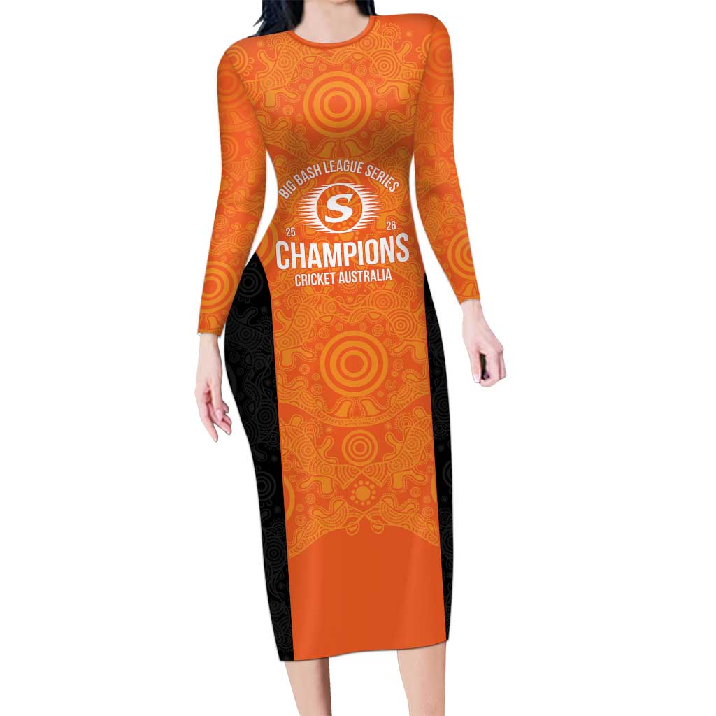 Cricket Australia Perth Champions 2026 Long Sleeve Bodycon Dress Gold Aboriginal Dot Art