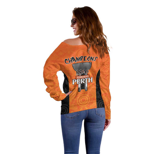 Cricket Australia Perth Champions 2026 Off Shoulder Sweater Gold Aboriginal Dot Art