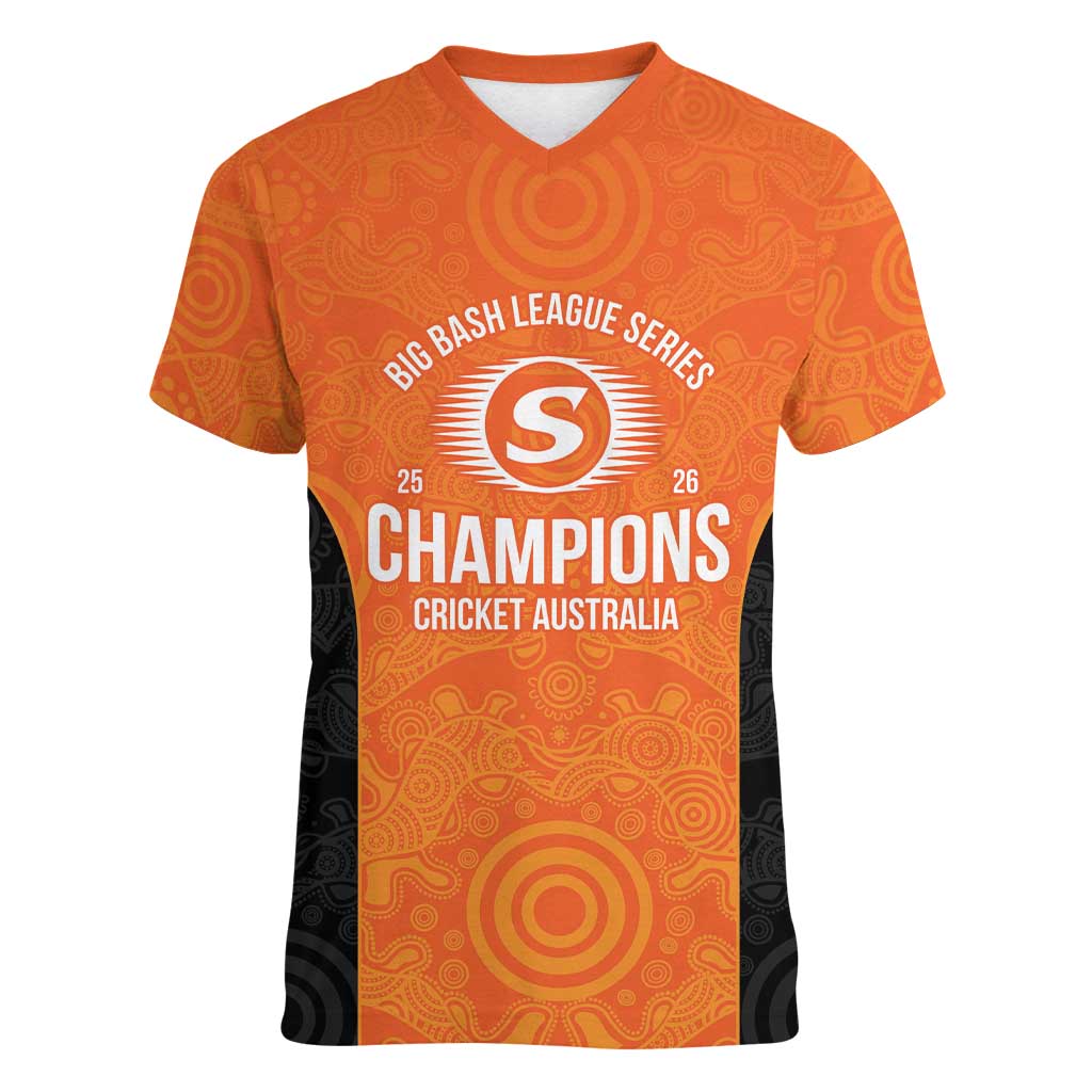 Cricket Australia Perth Champions 2026 Women V-Neck T-Shirt Gold Aboriginal Dot Art