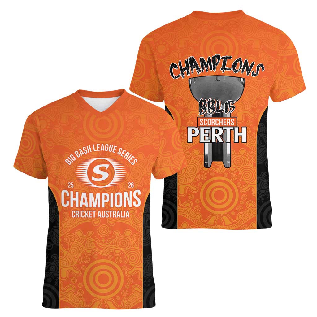 Cricket Australia Perth Champions 2026 Women V-Neck T-Shirt Gold Aboriginal Dot Art