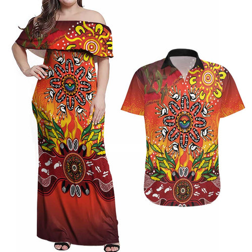 NAIDOC Week 2026 Couples Matching Off Shoulder Maxi Dress and Hawaiian Shirt 50 Years of Deadly Aboriginal Dot Art