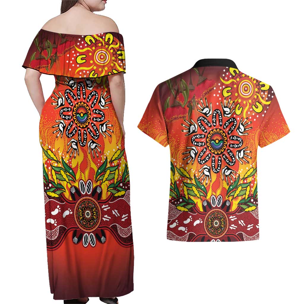 NAIDOC Week 2026 Couples Matching Off Shoulder Maxi Dress and Hawaiian Shirt 50 Years of Deadly Aboriginal Dot Art