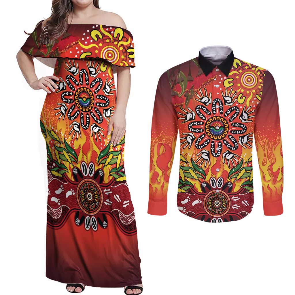NAIDOC Week 2026 Couples Matching Off Shoulder Maxi Dress and Long Sleeve Button Shirt 50 Years of Deadly Aboriginal Dot Art