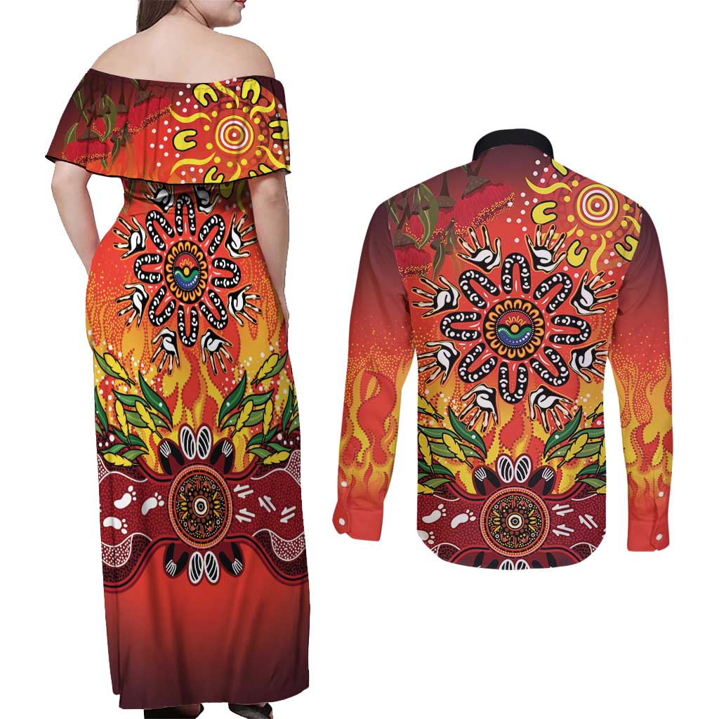 NAIDOC Week 2026 Couples Matching Off Shoulder Maxi Dress and Long Sleeve Button Shirt 50 Years of Deadly Aboriginal Dot Art