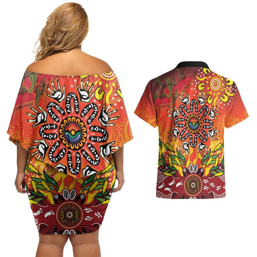 NAIDOC Week 2026 Couples Matching Off Shoulder Short Dress and Hawaiian Shirt 50 Years of Deadly Aboriginal Dot Art