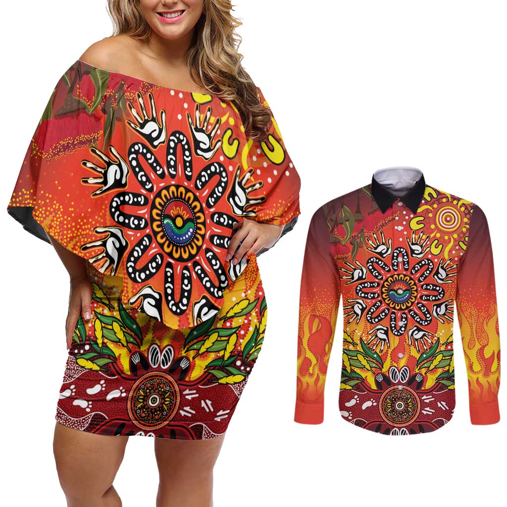 NAIDOC Week 2026 Couples Matching Off Shoulder Short Dress and Long Sleeve Button Shirt 50 Years of Deadly Aboriginal Dot Art