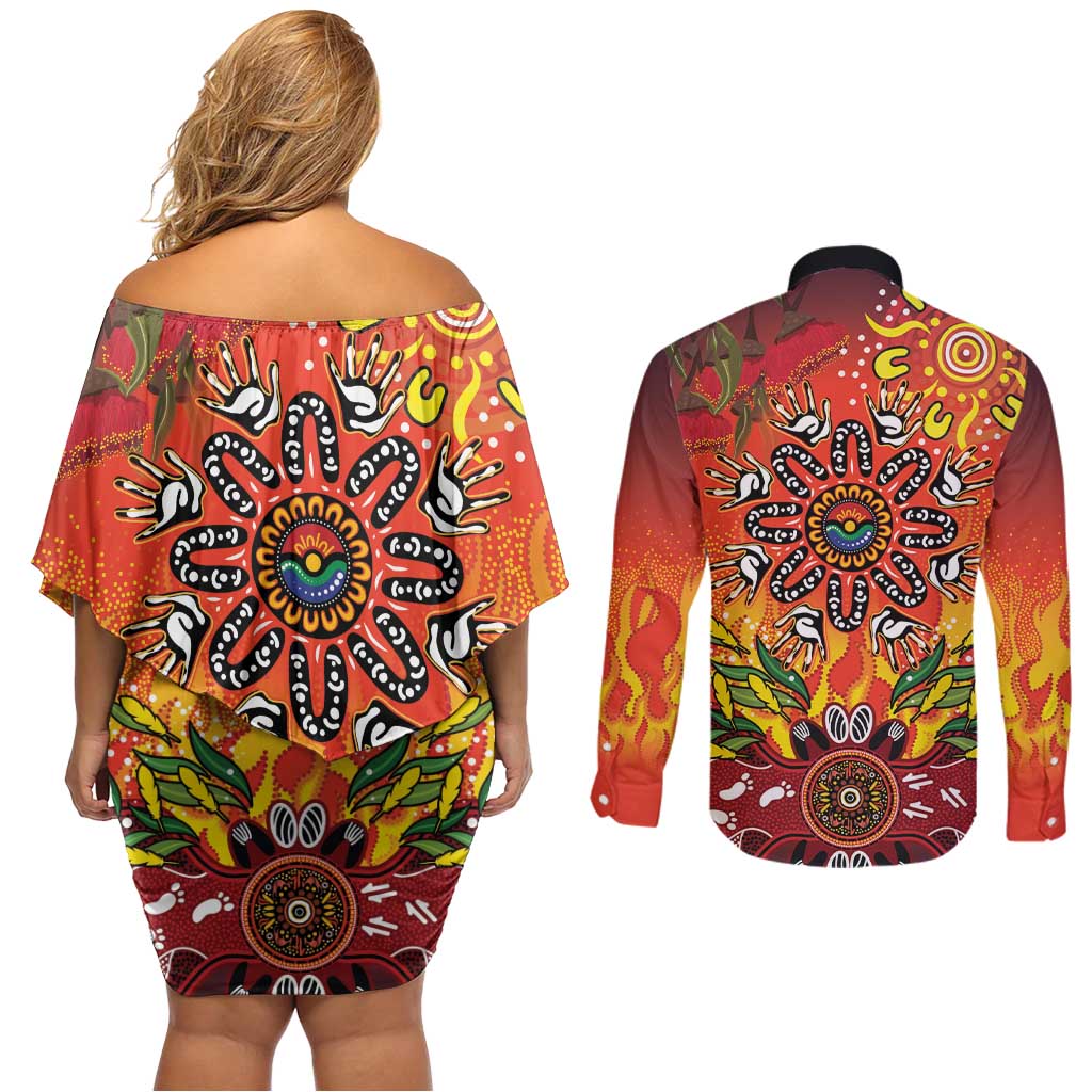 NAIDOC Week 2026 Couples Matching Off Shoulder Short Dress and Long Sleeve Button Shirt 50 Years of Deadly Aboriginal Dot Art