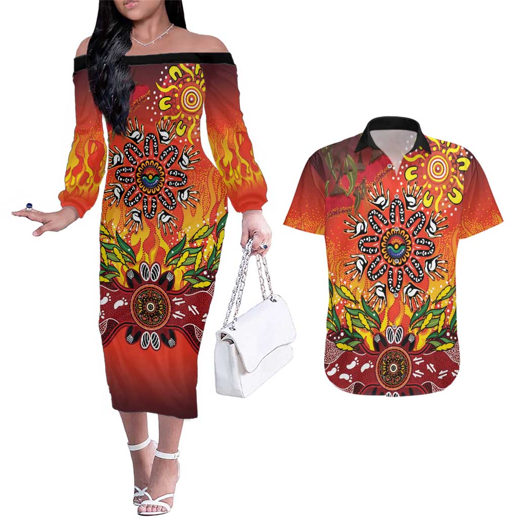 NAIDOC Week 2026 Couples Matching Off The Shoulder Long Sleeve Dress and Hawaiian Shirt 50 Years of Deadly Aboriginal Dot Art