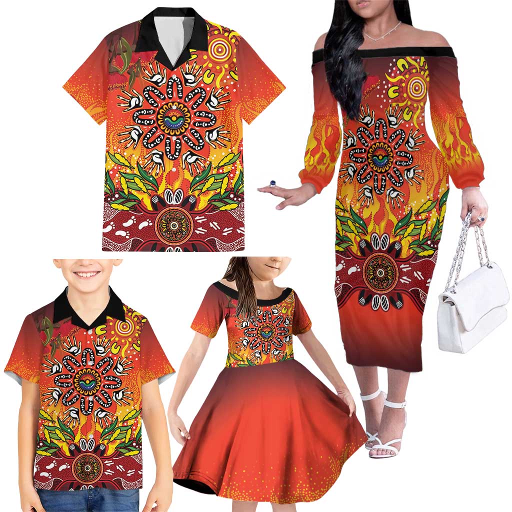 NAIDOC Week 2026 Family Matching Off The Shoulder Long Sleeve Dress and Hawaiian Shirt 50 Years of Deadly Aboriginal Dot Art
